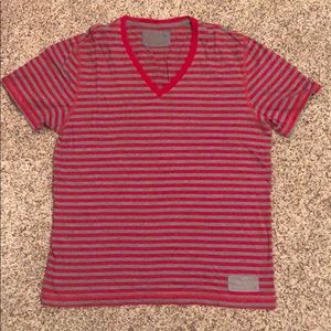 EXPRESS—red and gray stripe v-neck shirt